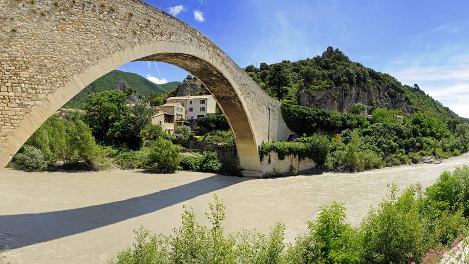 A stone bridge over a river, surrounded by greenery and buildings.