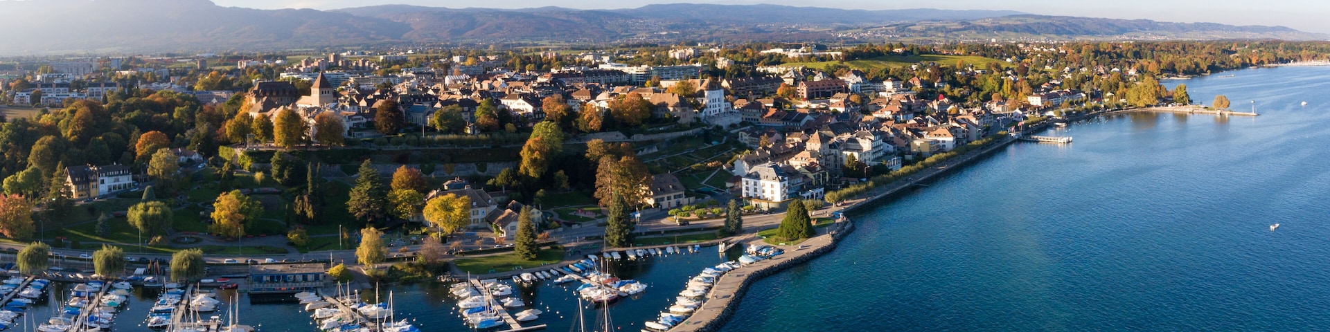 Aerial view of the Old city of Nyon and its waterfront, Switzerland; Shutterstock ID 502472074; purchase_order: SP-1332 HA Batch 2 August 2018; Order: ; client: HomeAway; other: To be paid with HA bud