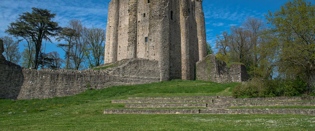 A medieval stone tower with a steep, crenellated wall, surrounded by a grassy landscape and trees.