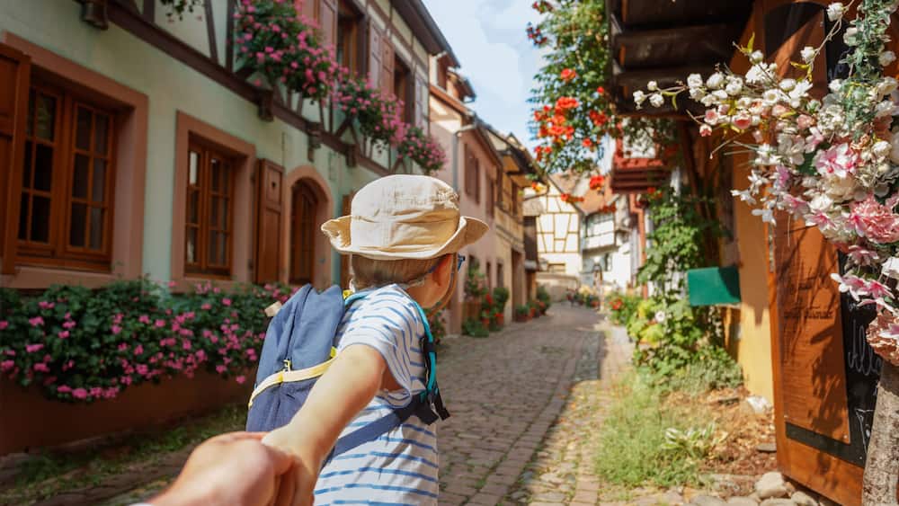 A cobblestone street lined with traditional half-timbered houses, a person holding hands with another, and blooming flowers.