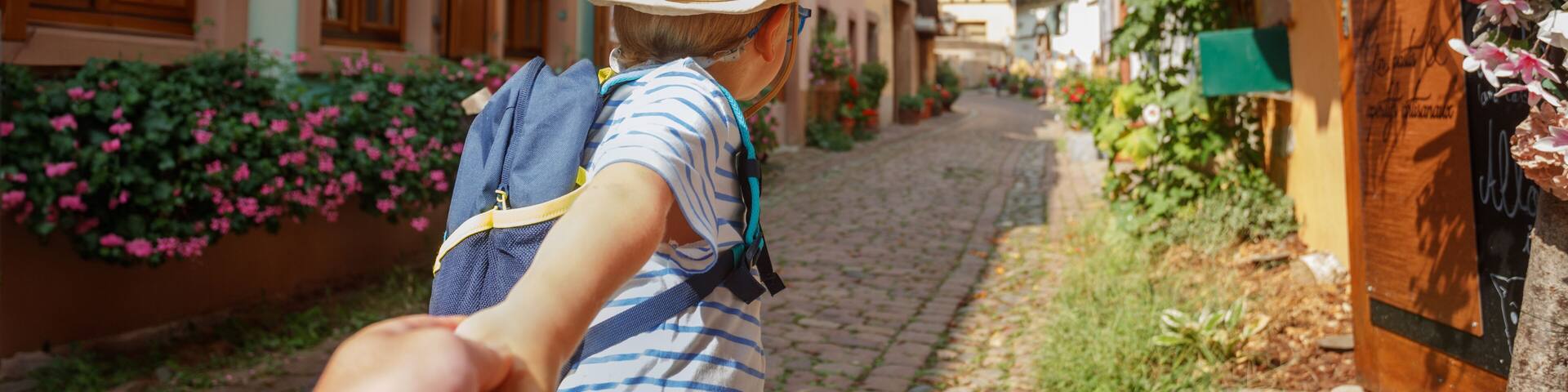 A cobblestone street lined with traditional buildings, some with flower boxes and climbing plants.