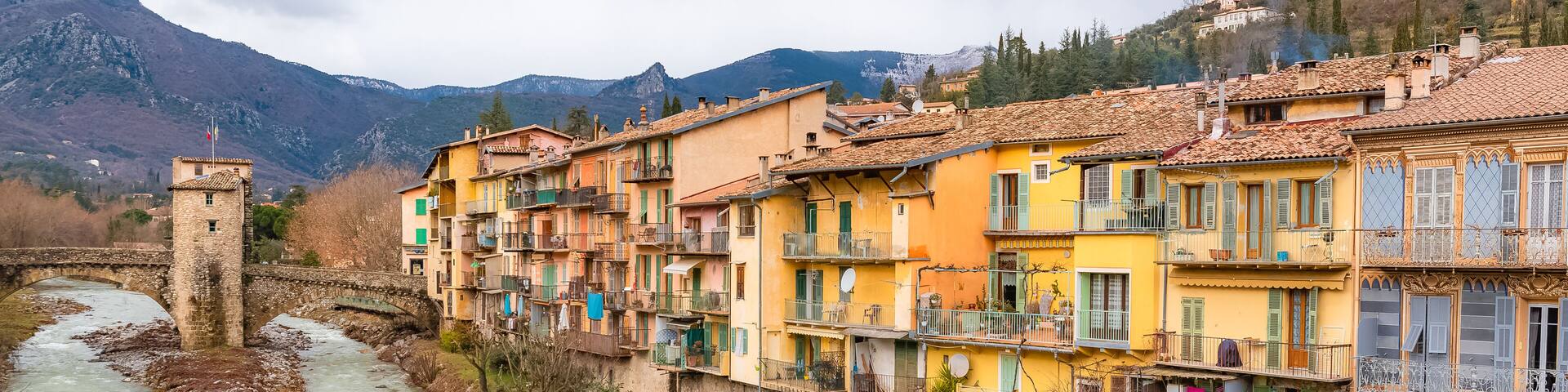 Sospel, old french village near the river, typical colorful houses