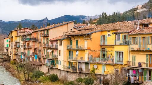 Sospel, old french village near the river, typical colorful houses