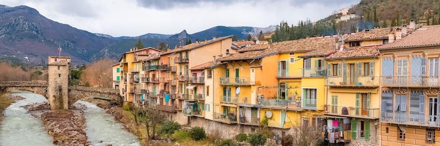 Sospel, old french village near the river, typical colorful houses