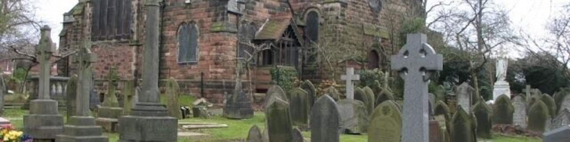 Christ Church, Timperley. A view of the church across the graveyard. The church stands on the corner of Ridgeway Road.