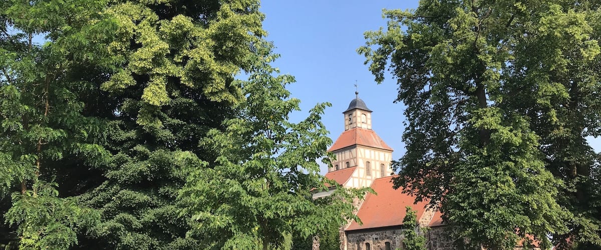 A church with a red roof and a tower, surrounded by lush green trees.