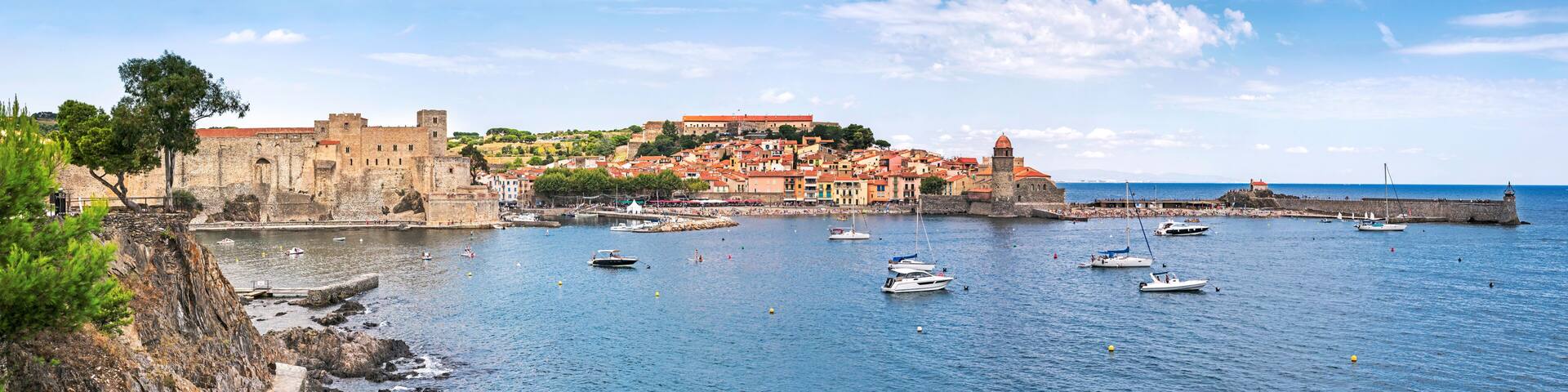 Panorama of the coastal Mediterranean town Collioure in Languedoc-Roussillon, France
