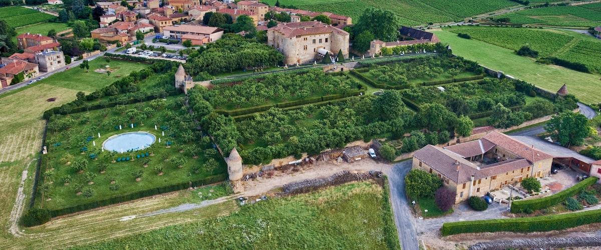 An aerial view of a historic village with a prominent castle, terraced vineyards, and a small church.