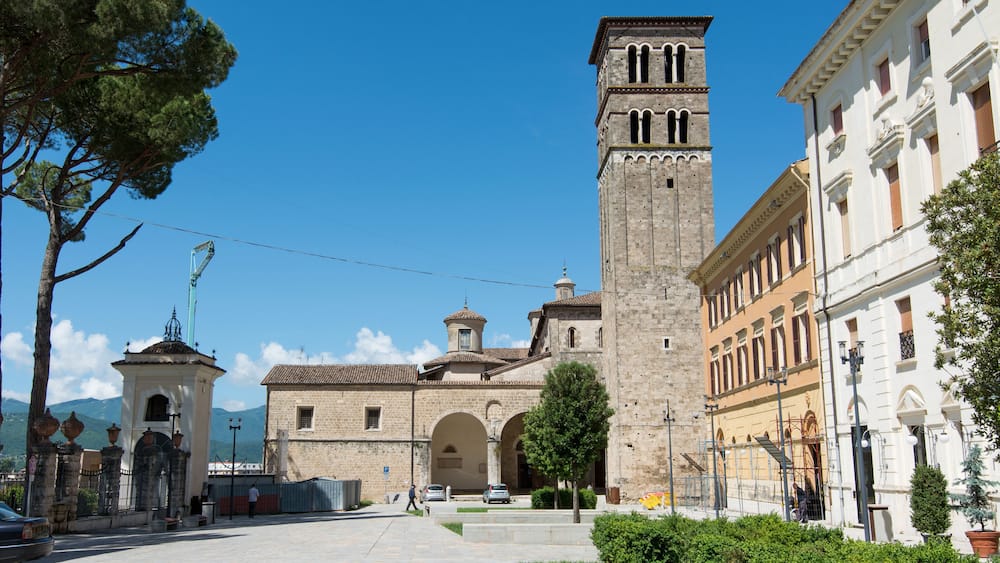 Tourist view of Rieti, in Lazio, Italy. The Bell tower of St. Mary Cathedral
