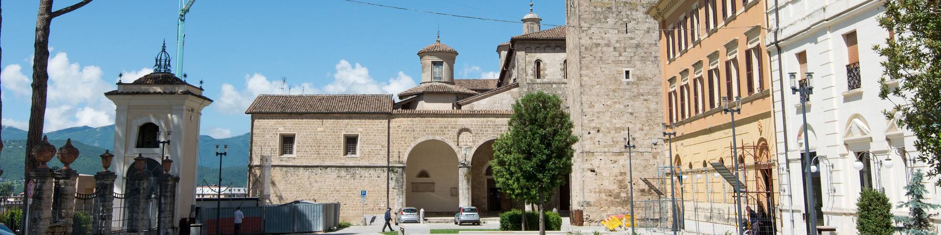 Tourist view of Rieti, in Lazio, Italy. The Bell tower of St. Mary Cathedral