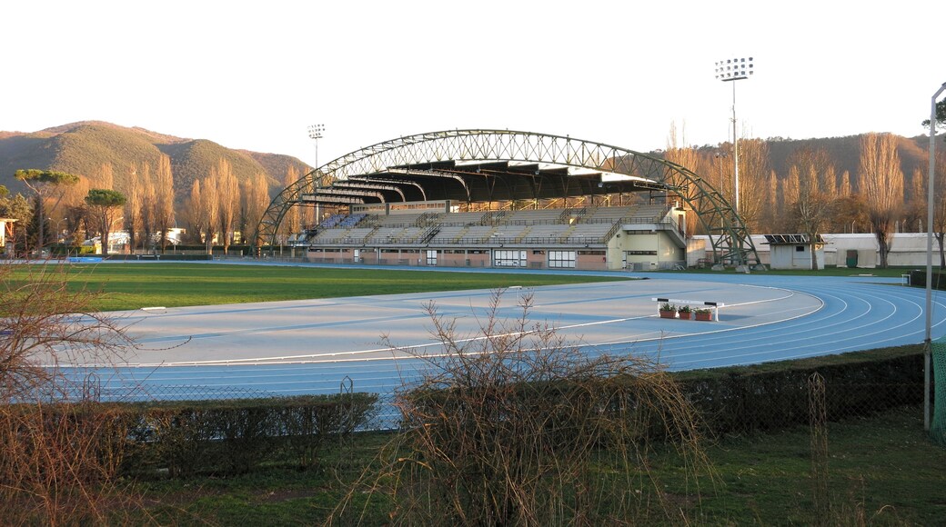 The "Velino" grandstand as seen from the embankment of the Velino river - Stadio Raul Guidobaldi, athletics venue in Rieti, Lazio, Italy