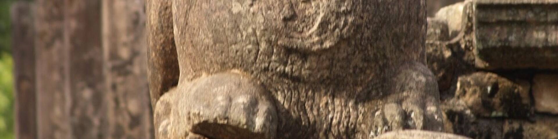 A stone lion statue with a serene expression, surrounded by ancient stone structures.