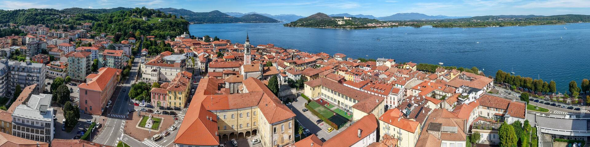 Drone view at the village of Arona on lake maggiore in Italy