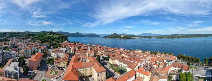 Drone view at the village of Arona on lake maggiore in Italy