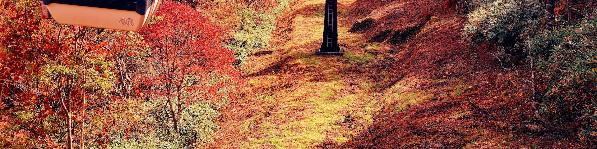 Scenery of Nasu Gondola gliding among beautiful fall colors on the hillside of Mountain Jeans, which is famous for leaf-peeping in autumn and skiing in winter, in Nasu, Tochigi Prefecture, Japan