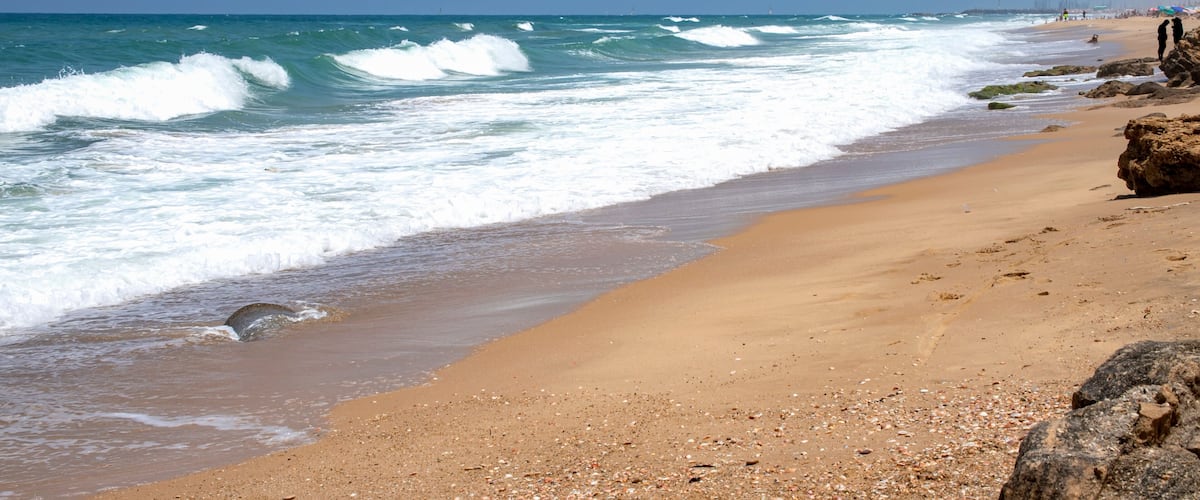 A sandy beach with waves, rocky outcrops, and a clear blue sky.