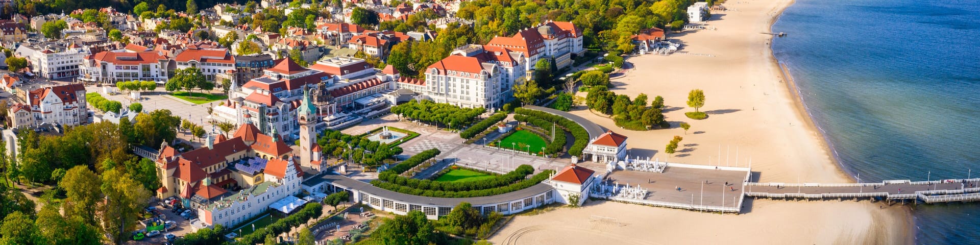 The sunny scenery of Sopot city and Molo - pier on the Baltic Sea. Poland