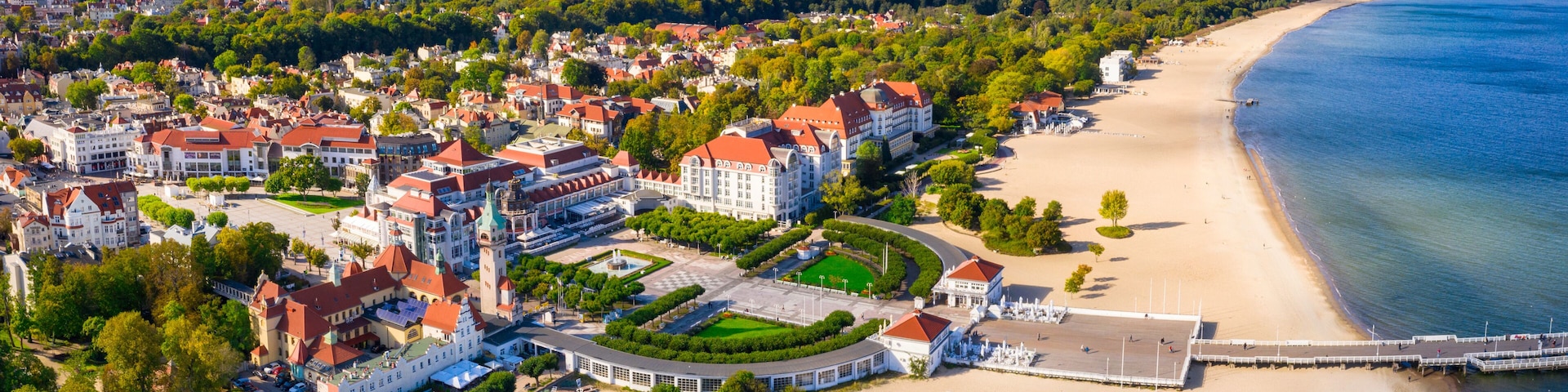 The sunny scenery of Sopot city and Molo - pier on the Baltic Sea. Poland
