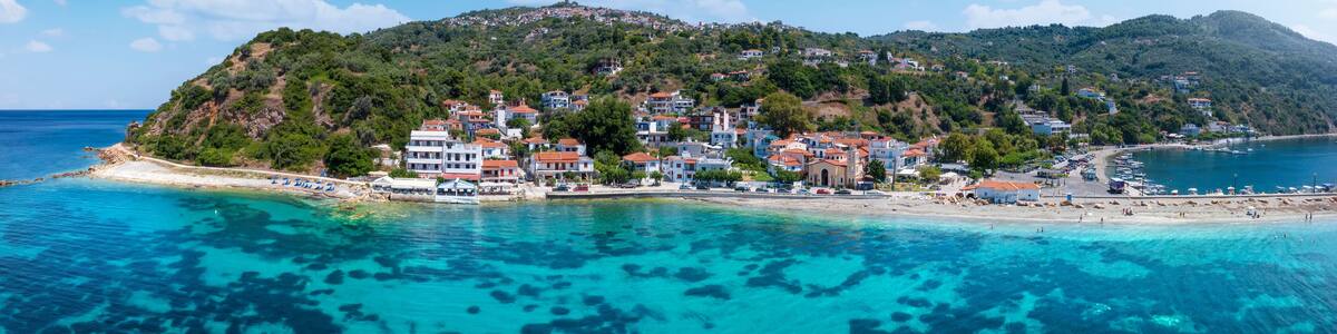 Panoramic view of the idyllic fishing village Loutraki, port of Glossa, at the Sporades island Skopelos, Greece