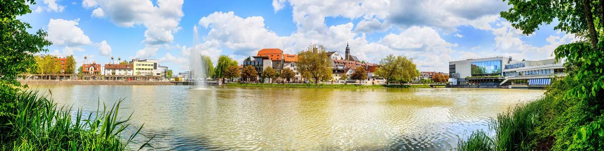 Panorama of the upper lake with view to the city in Böblingen, Germany