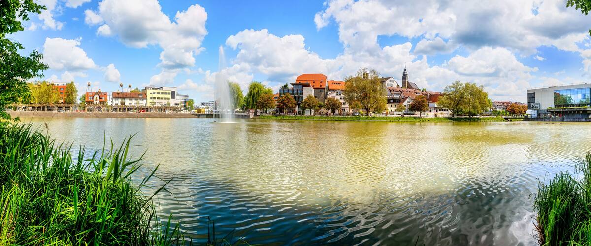 Panorama of the upper lake with view to the city in Böblingen, Germany