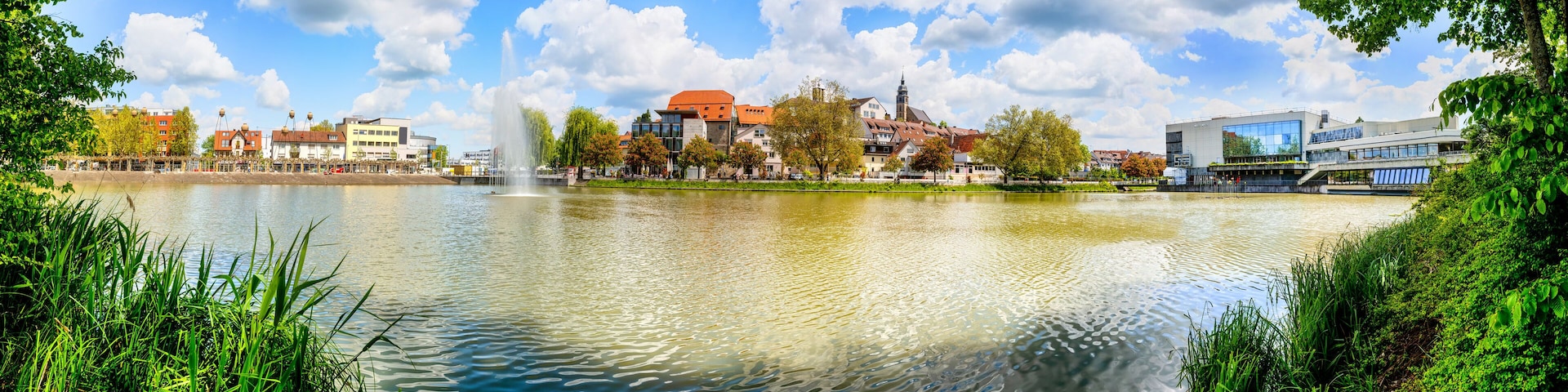 Panorama of the upper lake with view to the city in Böblingen, Germany