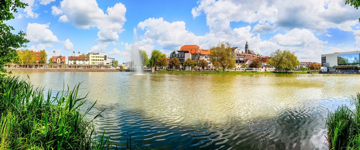 Panorama of the upper lake with view to the city in Böblingen, Germany