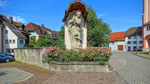 Die Marienstatue steht an der Nordseite des Münsters vor der Mauer des Pfarrgartens. Früher befand sich hier der Friedhof. Die Statue wird durch eine kunstvoll geschwungene Überdachung und eine Rückwand geschützt. Die etwa vier Meter hohe Marienstatue wurde 1727 geschaffen und in der Fassadenmitte zwischen den Münstertürmen aufgestellt. Sie hat den Brand des Münsters im Jahr 1751 überstanden. Starke Verwitterung hatte den Sandstein dieser Statue so stark geschädigt, dass sie durch eine Kopie ersetzt werden musste. Am jetzigen Standort steht die Madonna von 1727 seit dem Jahr 1913. Durch mehrere fachgerechte Restaurierungen ist nicht mehr erkennbar, dass es sich hier um die Original-Statue handelt. Kunstgeschichtlich wird dieser Madonnentypus als "Immaculata" (Der unbefleckten Empfängnis) bezeichnet. Das Haupt Marias ist von zwölf Sternen umkränzt, die Schlange als Symbol der Sünde, die sich um die Weltkugel windet, wird von Maria zertreten. Die Zahl zwölf steht für: die zwölf Stämme Israels, die zwölf Apostel, die zwölf Tierkreiszeichen, die zwölf Monate – symbolhaft für Vollkommenheit und Vollständigkeit. Da die Europafahne am 8. Dezember 1955, einem Marienfeiertag, vom Ministerrat in der bestehenden Form bestimmt wurde, wird sie in Verbindung mit Maria gebracht. Besonders die blaue Farbe und auch die zwölf Sterne sind ein symbolhafter Hinweis. Die zwölf goldenen Sterne auf blauem Hintergrund versinnbildlichen sämtliche europäischen Nationen, eben als Symbol der Vollständigkeit. Die Marienstatue hat der aus Bayern stammende Bildhauer Michael Speer im Jahr 1727 geschaffen. Der graue Sandstein stammt aus dem Fricktal.