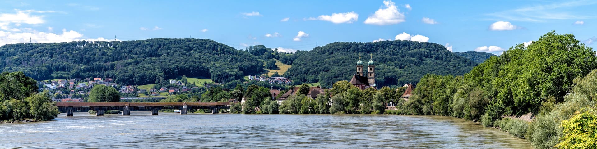 panorama view of picturesque Bad Saeckingen in southern Germany with the historic covered bridge