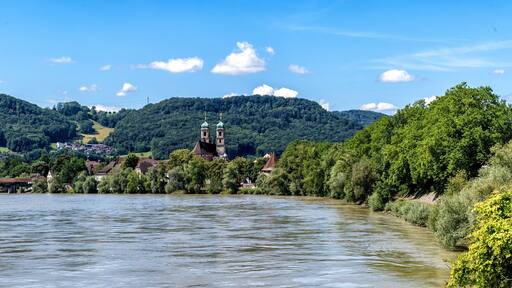 panorama view of picturesque Bad Saeckingen in southern Germany with the historic covered bridge