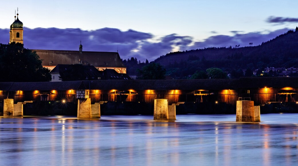 view of the St. Fridolin cathedral and Rhine bridge in Bad Saeckingen at sunset