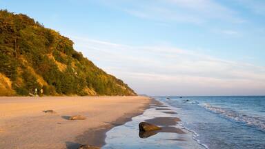 A beach with a sandy shore, rocky outcrops, and a forested hillside.