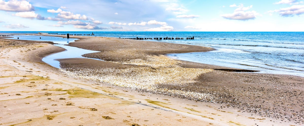 A beach with a curved shoreline, waves, and a distant pier.
