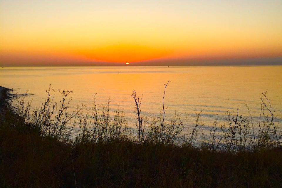 A sunset over a calm sea with a grassy foreground.