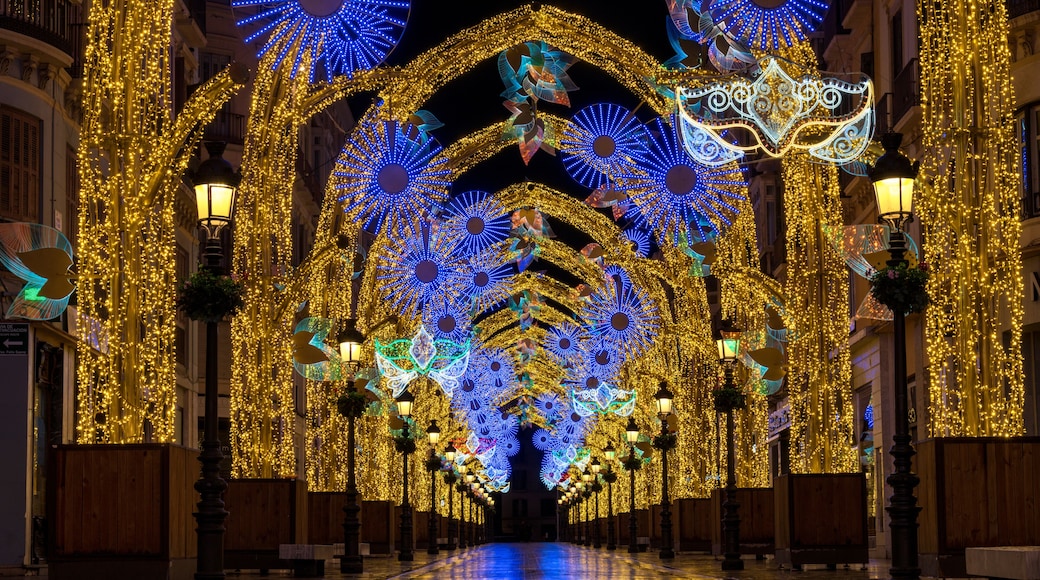 Street Lined with Christmas Lights to Celebrate Carnival in Malaga, Spain. Every year Malaga celebrates Carnival with costume parades, contests and a variety of entertainment. It is a fun event.