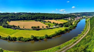 Aerial view of the river Weser between Beverungen and Karlshafen, Germany, with fields and meadows, trees and bushes on the river bank