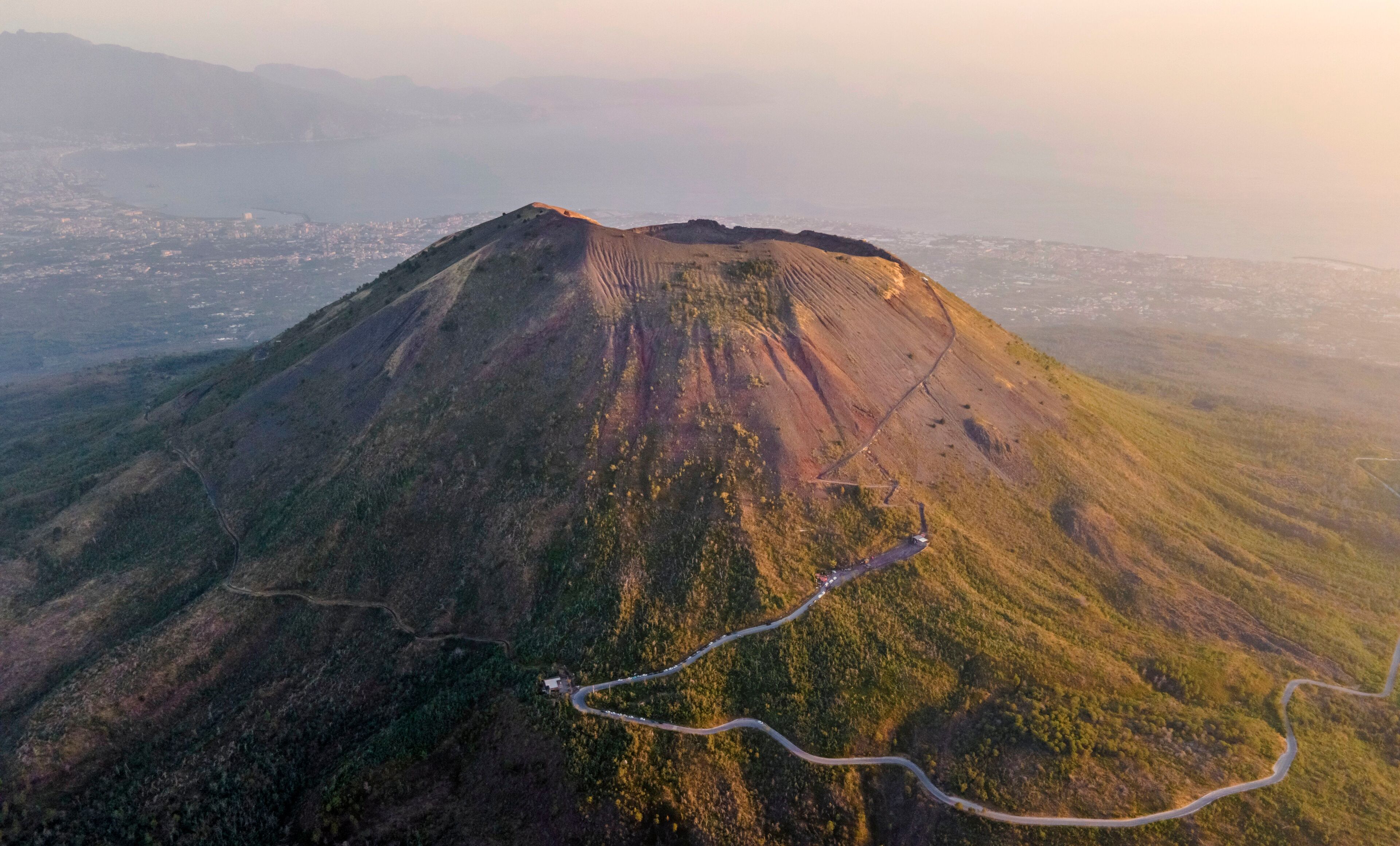 Panoramic aerial view of Mount Vesuvius, a volcano in Naples, Campania, Italy.
