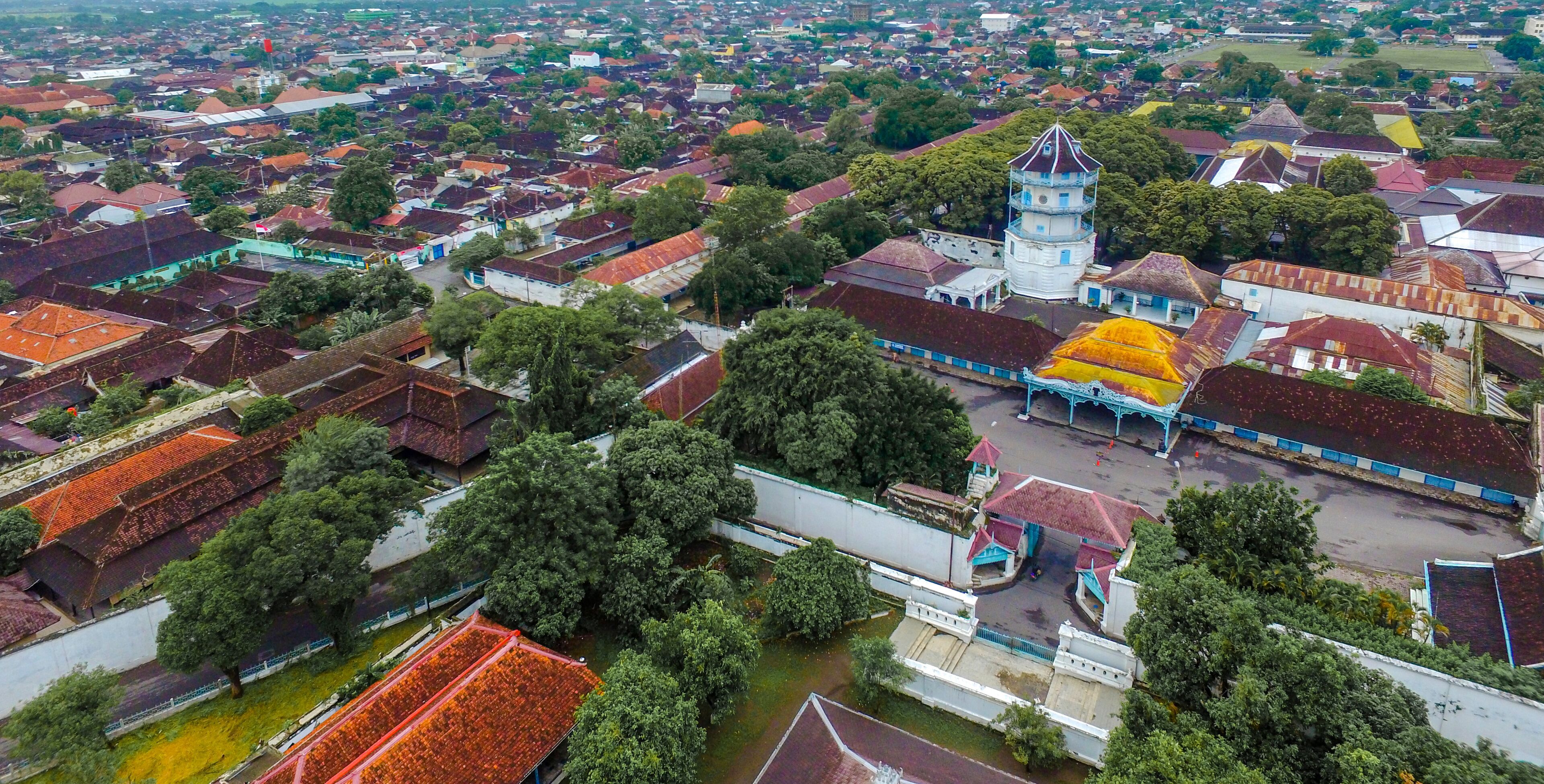 Aerial view landmark of surakarta, urban city of Surakarta in the morning. Selamet riyadi street : Surakarta Indonesia  June 16 2020 