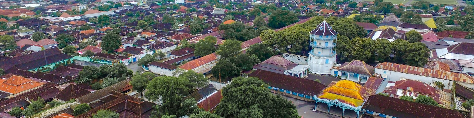 Aerial view landmark of surakarta, urban city of Surakarta in the morning. Selamet riyadi street : Surakarta Indonesia June 16 2020