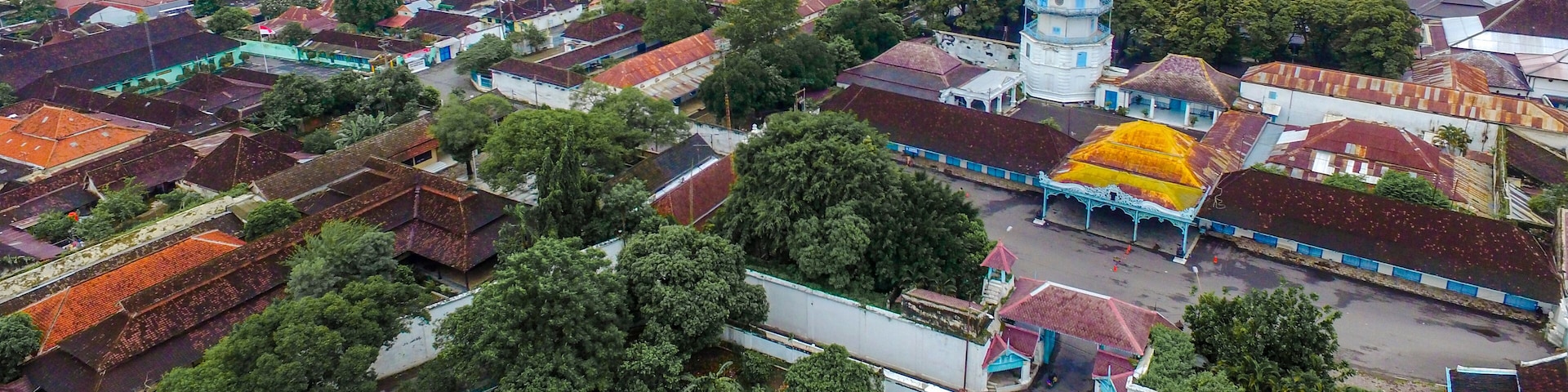 An aerial view of a town with a prominent tower, surrounded by residential houses and greenery.