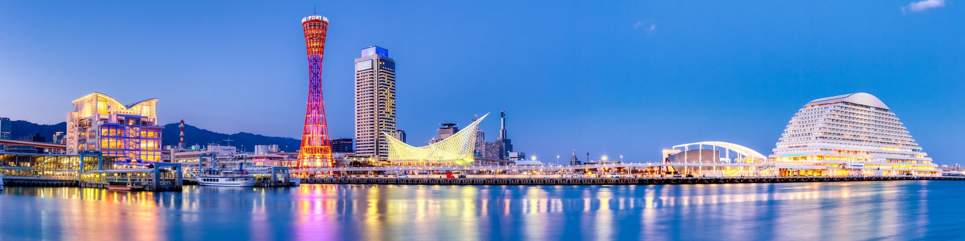 Un horizonte urbano con edificios iluminados, una torre alta y una zona ribereña.