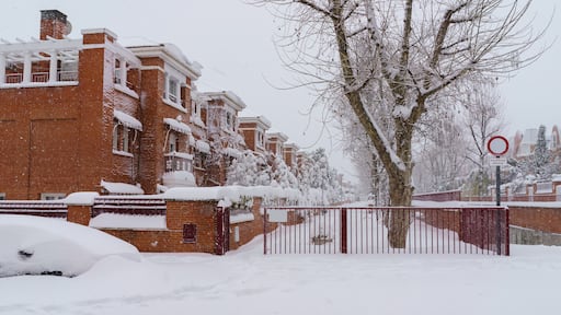 Streets and buildings covered in snow by day due to snowstorm Filomena falling in Madrid Spain