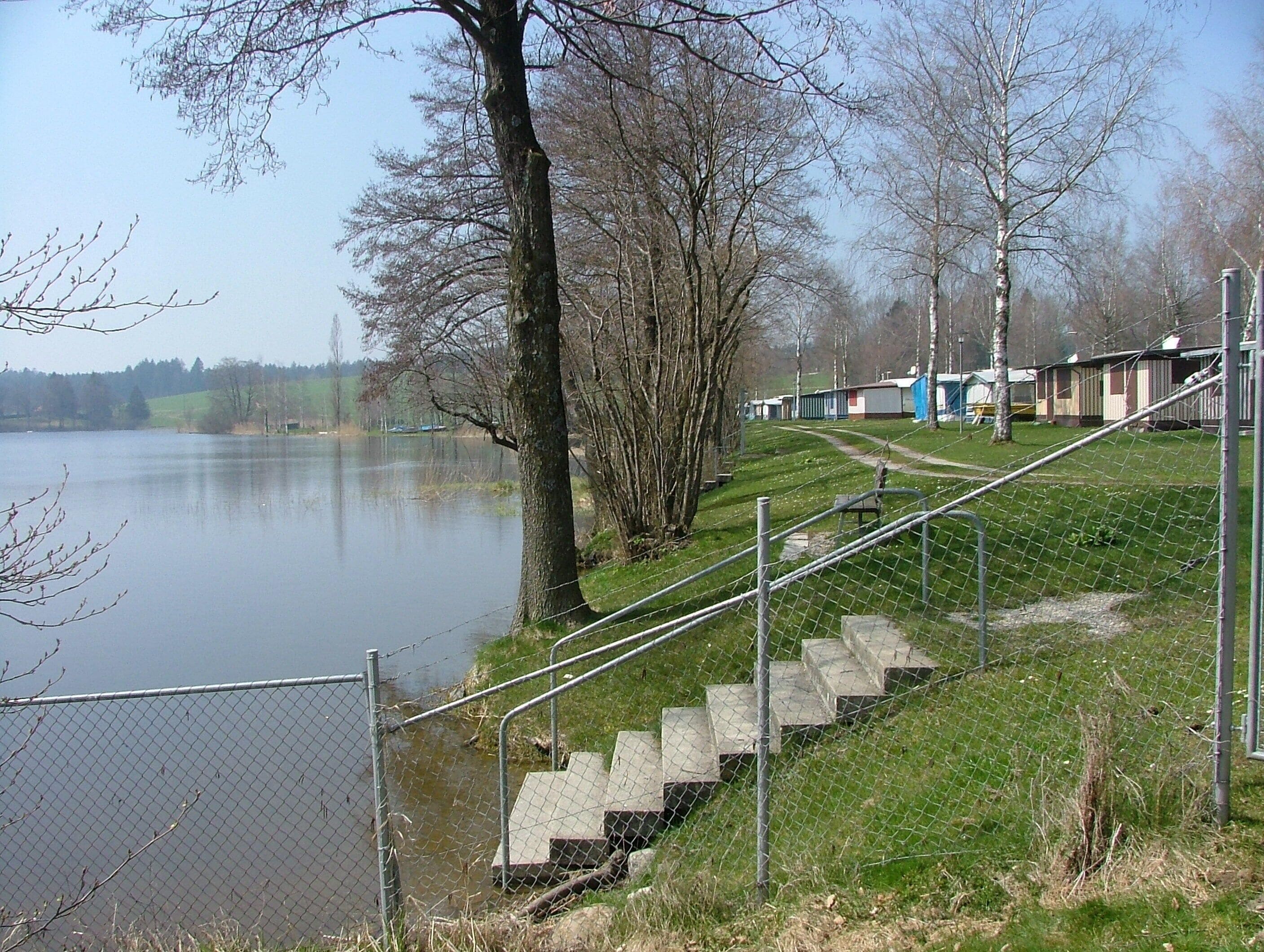 Vista de un lago con una escalera de hormigón que baja hacia el agua, rodeado de árboles y una valla.