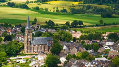 Une ville qui se distingue par son église imposante, entourée de champs verdoyants et d’un village situé au loin.