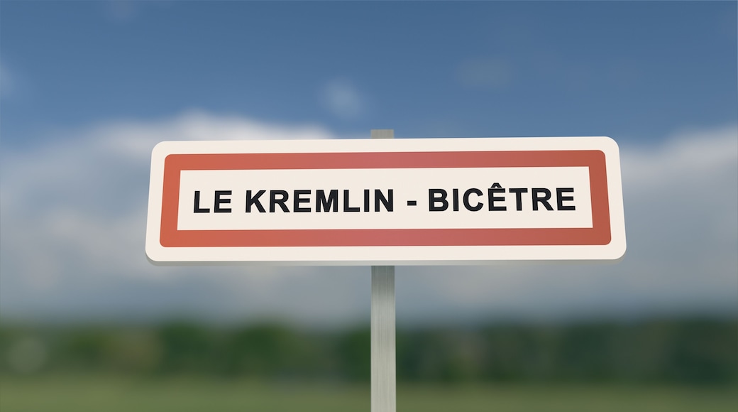 City sign of Le Kremlin-Bicêtre. Entrance of the town of Le Kremlin Bicêtre in, Val-de-Marne, France. Panneau de Le Kremlin-Bicêtre.