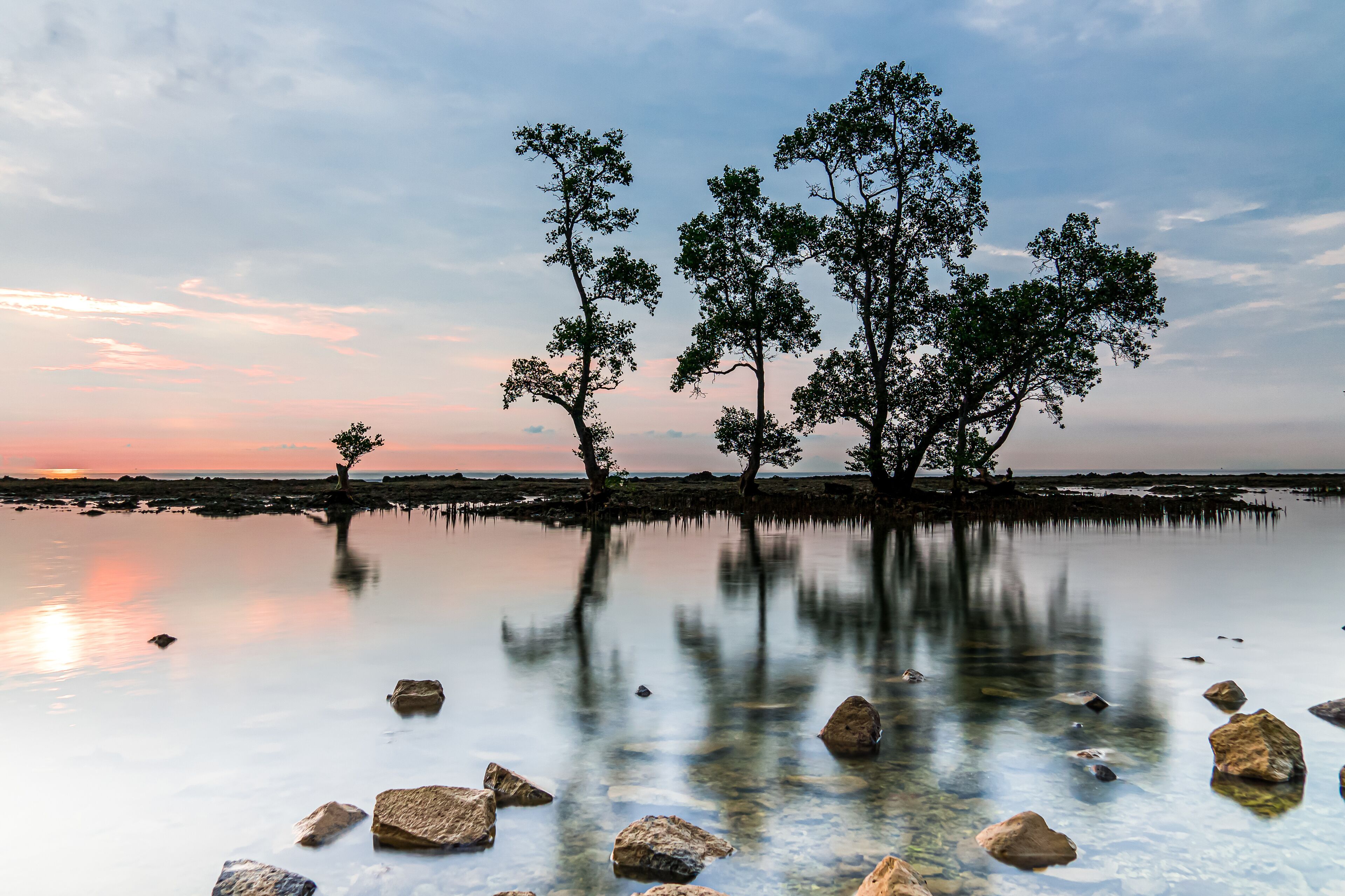 Sunset in a lagoon with trees  in Carita, Anyer, Indonesia
