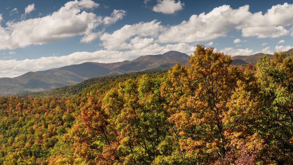 A mountainous landscape with autumn foliage and a clear sky.