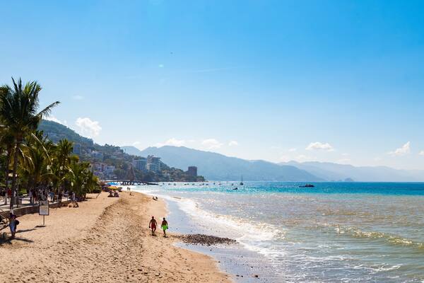 Une plage bordée de palmiers, un rivage sablonneux et des bateaux sur l’eau.