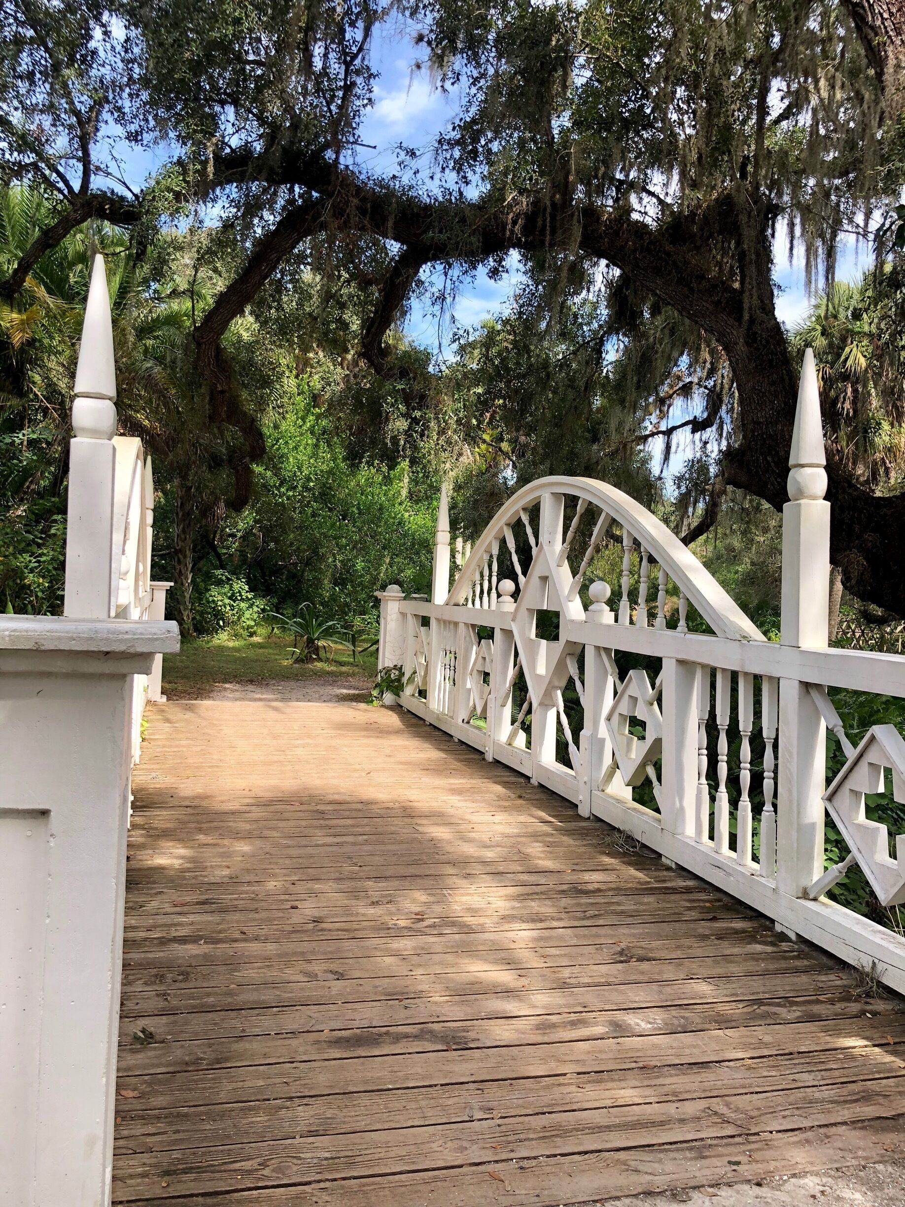 Koreshan was to be a planned community with an anticipated population of 10 million!  The city would embrace formal gardens laid out in geometric patterns. This bridge, reconstructed in 2004 by volunteers, is part of the formal gardens.  The community came to an end in 1961 when the last four members gave the property to the State of Florida for a Park.