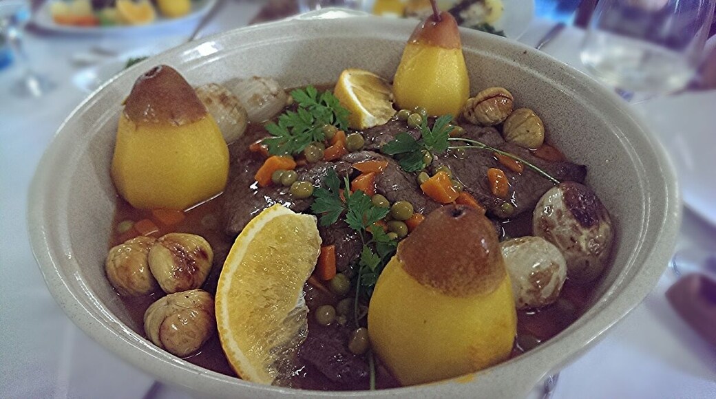 Beef stew with Mushrooms, chestnuts and "Drunken" pear. Yes, the pear is Roast with Port Wine. Yummy!